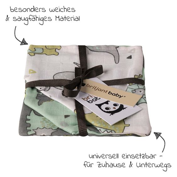 Briljant Baby Mull-Waschhandschuh 3er Pack - Dinos - Weiß Mint