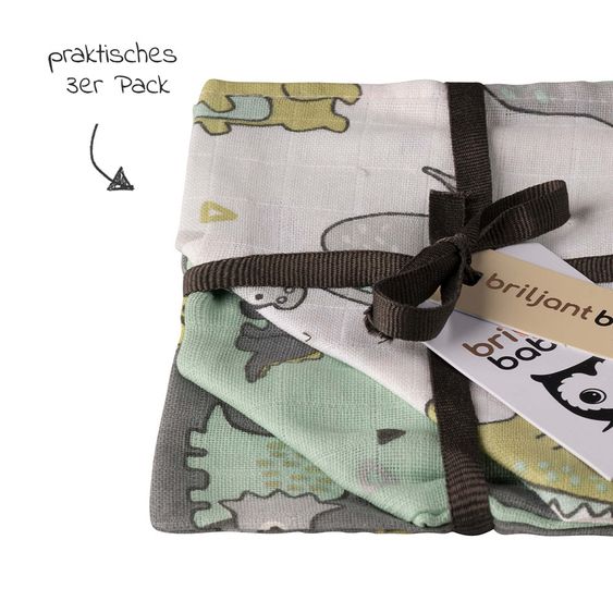 Briljant Baby Mull-Waschhandschuh 3er Pack - Dinos - Weiß Mint