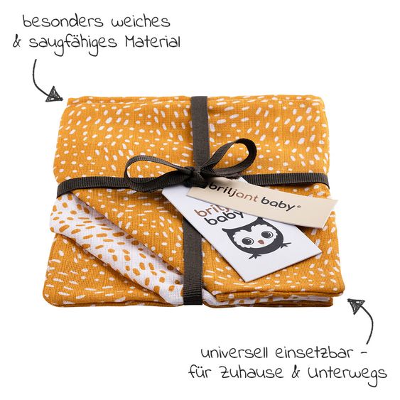 Briljant Baby Mull-Waschhandschuh 3er Pack - Minimal Dots - Weiß Ockergelb