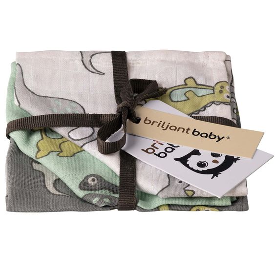 Briljant Baby Mull-Waschlappen / Pflegetuch 3er Pack 30 x 30 cm - Dinos - Weiß Mint