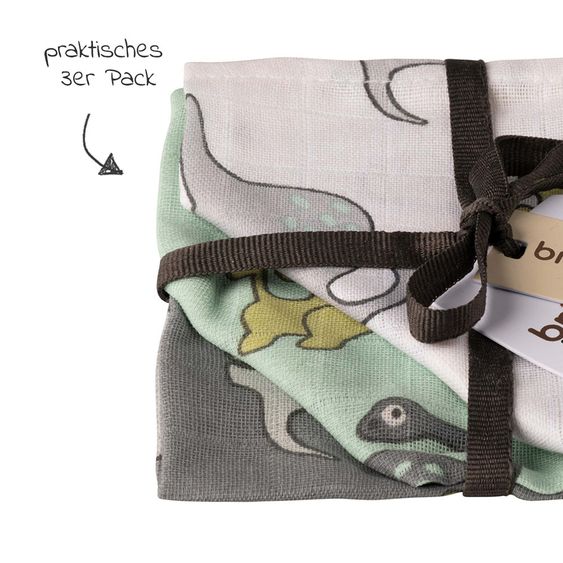 Briljant Baby Mull-Waschlappen / Pflegetuch 3er Pack 30 x 30 cm - Dinos - Weiß Mint