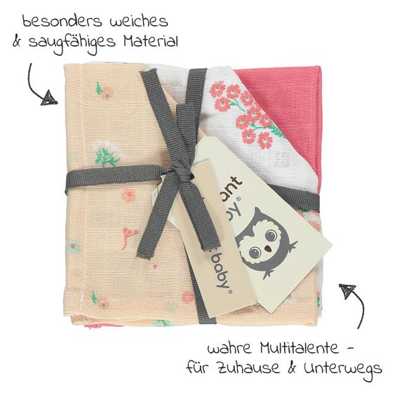 Briljant Baby Mull-Waschlappen / Pflegetuch 3er Pack 30 x 30 cm - Flower - Pink