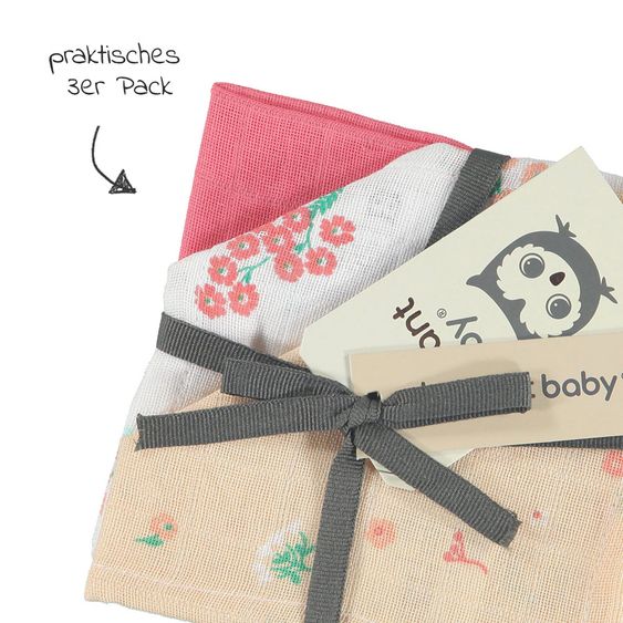 Briljant Baby Mull-Waschlappen / Pflegetuch 3er Pack 30 x 30 cm - Flower - Pink