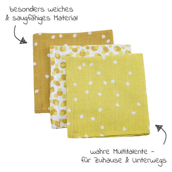 Briljant Baby Mull-Waschlappen / Pflegetuch 3er Pack 30 x 30 cm - Spots - Oker