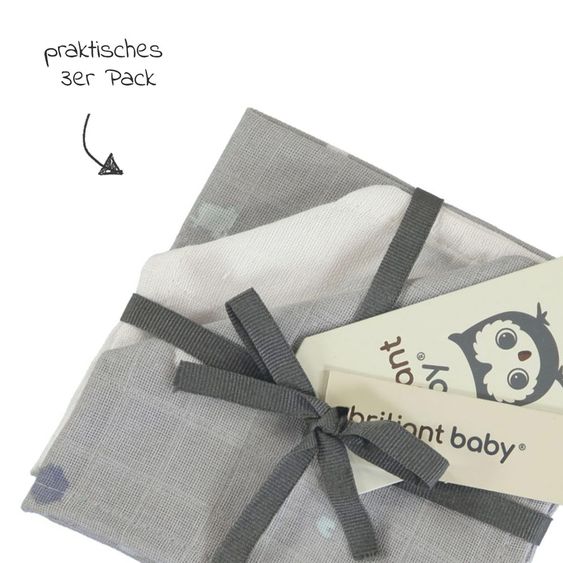 Briljant Baby Mull-Waschlappen / Pflegetuch 3er Pack 30 x 30 cm - Sunny - Grau