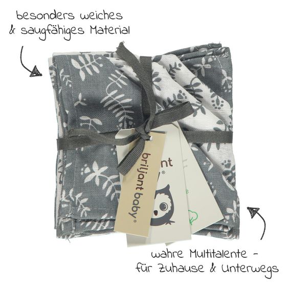 Briljant Baby Mull-Waschlappen / Pflegetuch 4er Pack 30 x 30 cm - Botanic - Organic Cotton - Blau-Grau