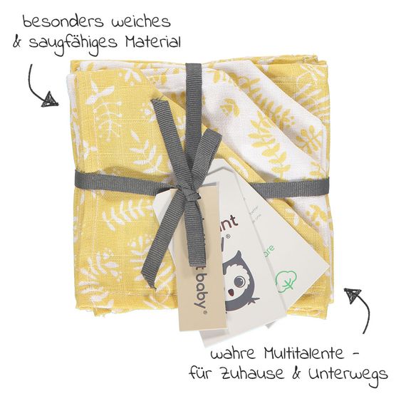 Briljant Baby Mull-Waschlappen / Pflegetuch 4er Pack 30 x 30 cm - Botanic - Organic Cotton - Gelb