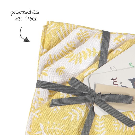Briljant Baby Mull-Waschlappen / Pflegetuch 4er Pack 30 x 30 cm - Botanic - Organic Cotton - Gelb