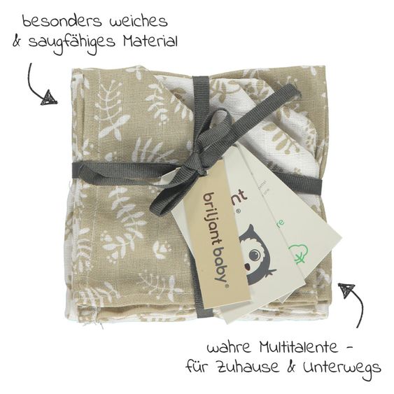 Briljant Baby Mull-Waschlappen / Pflegetuch 4er Pack 30 x 30 cm - Botanic - Organic Cotton - Sand