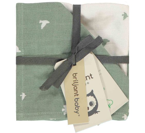 Briljant Baby Mull-Waschlappen / Pflegetuch 4er Pack 30 x 30 cm - Organic Cotton - Birds - Chinois Green