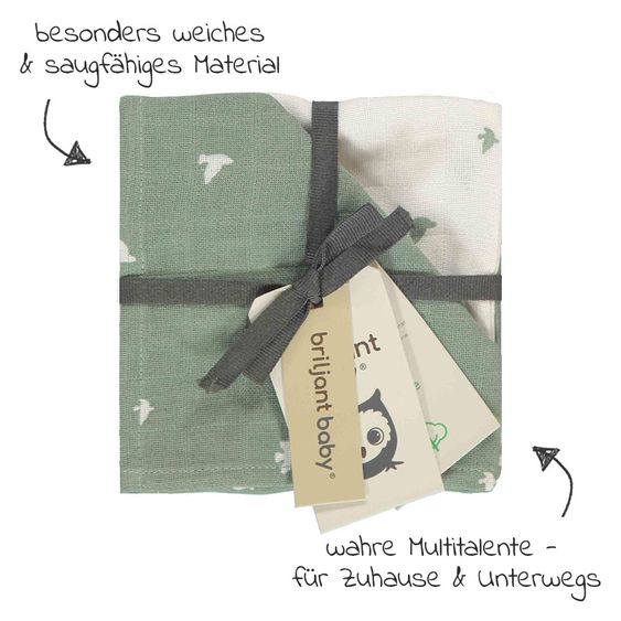 Briljant Baby Mull-Waschlappen / Pflegetuch 4er Pack 30 x 30 cm - Organic Cotton - Birds - Chinois Green