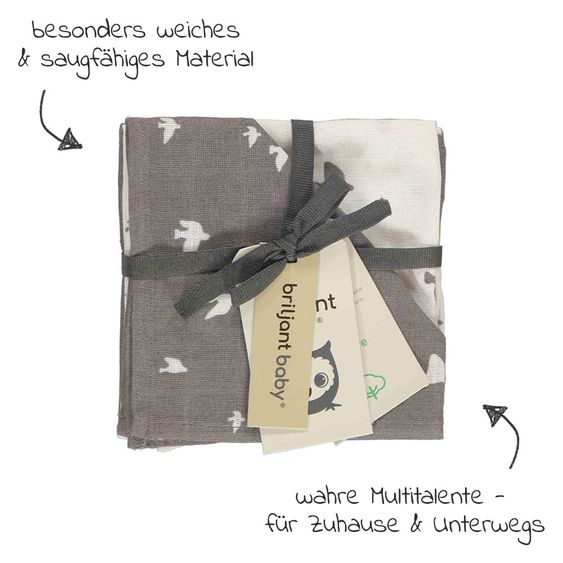 Briljant Baby Mull-Waschlappen / Pflegetuch 4er Pack 30 x 30 cm - Organic Cotton - Birds - Tornado