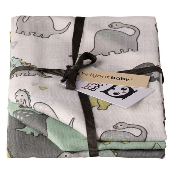 Briljant Baby Mullwindeln 3er Pack 70 x 70 cm - Dinos - Weiß Mint