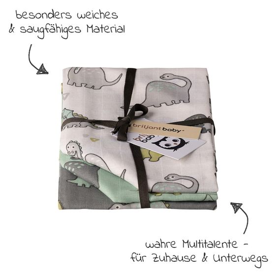 Briljant Baby Mullwindeln 3er Pack 70 x 70 cm - Dinos - Weiß Mint