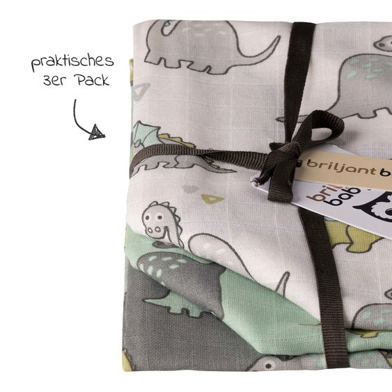 Briljant Baby Mullwindeln 3er Pack 70 x 70 cm - Dinos - Weiß Mint
