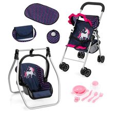 bayer Design Puppenbuggy-Set Cosy inkl. Wickeltasche, Wickelunterlage, Puppenschaukel & 7-tlg. Fütterset - Einhorn - Lila Pink
