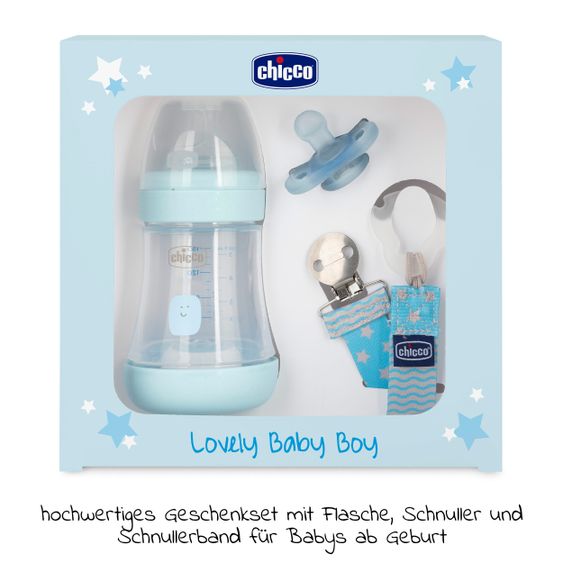 Chicco 3-piece gift set PP bottle Perfect5 150 ml + pacifier and pacifier band - Blue