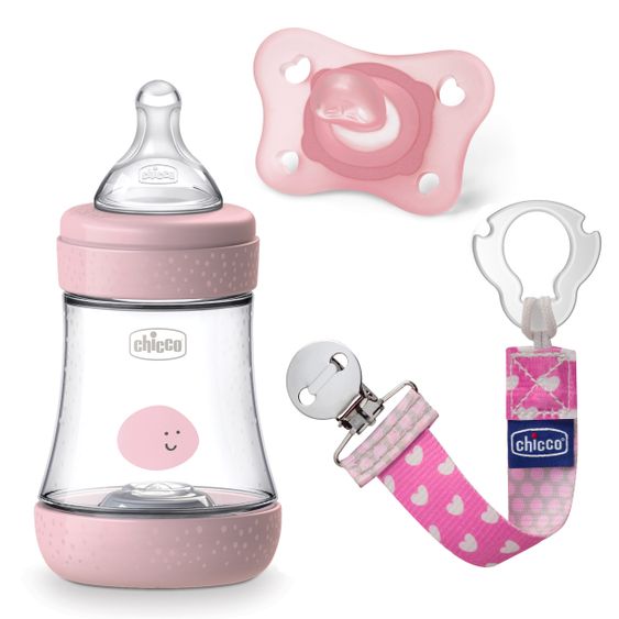 Chicco Set regalo da 3 pezzi Bottiglia PP Perfect5 150 ml + ciuccio e laccetto per ciuccio - Rosa