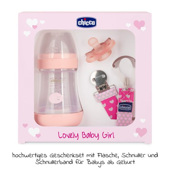 Chicco Set regalo da 3 pezzi Bottiglia PP Perfect5 150 ml + ciuccio e laccetto per ciuccio - Rosa