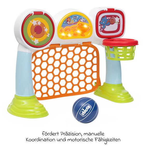 Chicco 3in1 Aktivitätsspielzeug 3 Spielmodi Elfmeterschießen, Korb und Zielscheibe