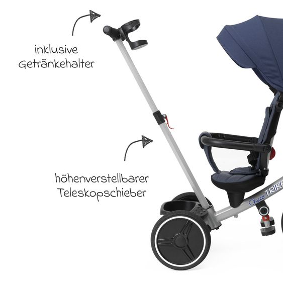 Chicco 4in1 Dreirad Mitwachsend aus Metal, 5 Punkt Gurt, abnehmbares Verdeck