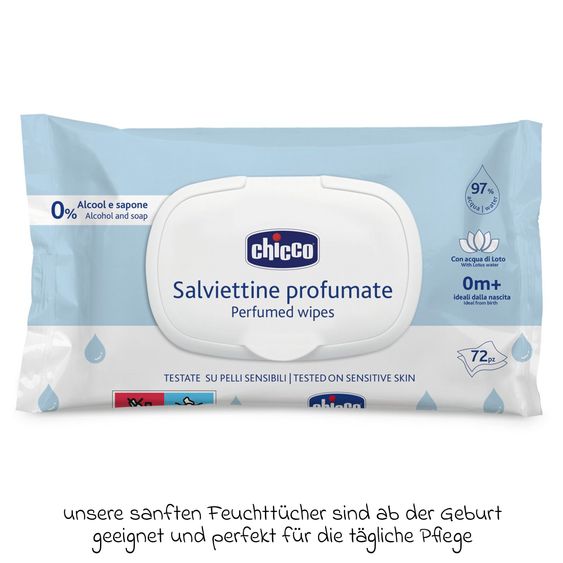 Chicco 72er Pack Feuchtetücher ohne Alkohol mit 97% Wasser - Weiß