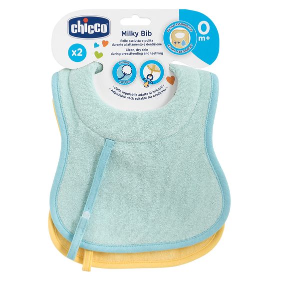 Chicco Fütter- & Sabber-Lätzchen 2er Pack Milky Bib mit Schnullerband - Light Blue + Gelb