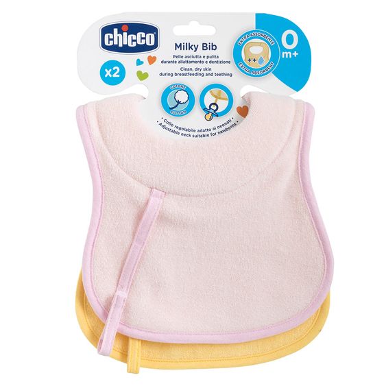 Chicco Fütter- & Sabber-Lätzchen 2er Pack Milky Bib mit Schnullerband - Rose Pink + Gelb