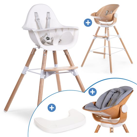 Childhome 4-tlg. Evolu 2 Newborn-Set - Hochstuhl 2in1 mit Schalensitz Nordic + Neugeborenenaufsatz + Sitzverkleinerer + Essbrett mit Anti-Rutsch-Auflage