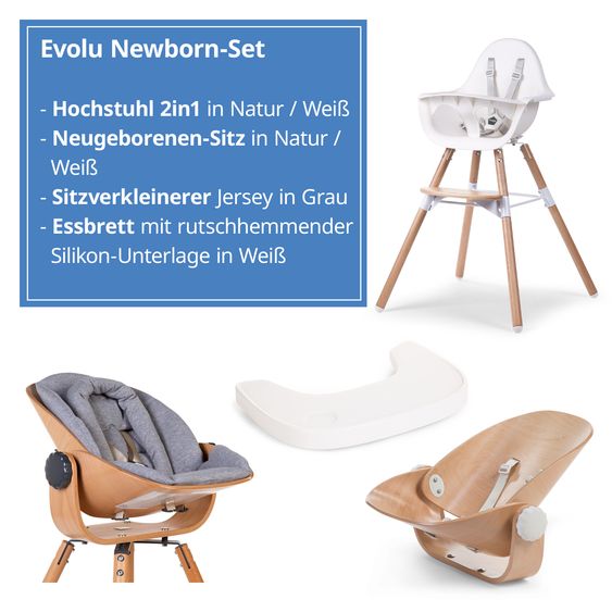 Childhome 4-tlg. Evolu 2 Newborn-Set - Hochstuhl 2in1 mit Schalensitz Nordic + Neugeborenenaufsatz + Sitzverkleinerer + Essbrett mit Anti-Rutsch-Auflage