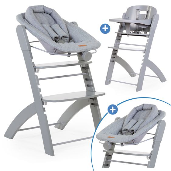 Childhome Evosit Newborn-Set - mitwachsender Hochstuhl mit abnehmbarem Essbrett + Neugeborenenaufsatz - Stone Grey