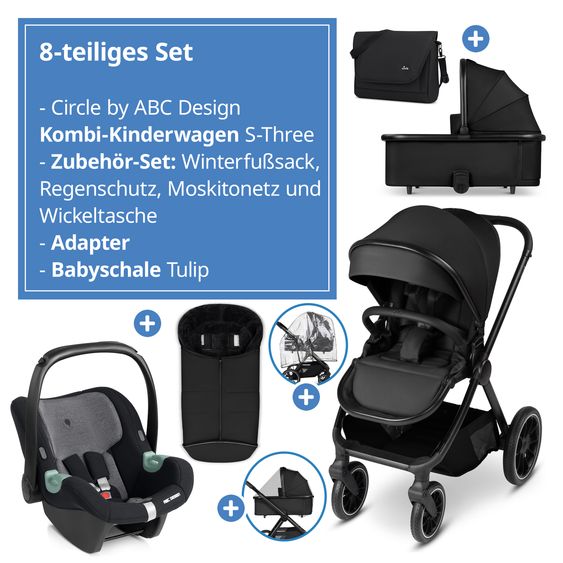 circle by ABC Design 8-tlg. Kinderwagen-Set S Three Starter Set inkl. Babywanne, Sportsitz, Babyschale Tulip, Adapter, Wickeltasche Easy, Winterfußsack, Regenschutz & Moskitonetz - Black - Black