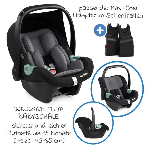 circle by ABC Design 8-tlg. Kinderwagen-Set S Three Starter Set inkl. Babywanne, Sportsitz, Babyschale Tulip, Adapter, Wickeltasche Easy, Winterfußsack, Regenschutz & Moskitonetz - Black - Black