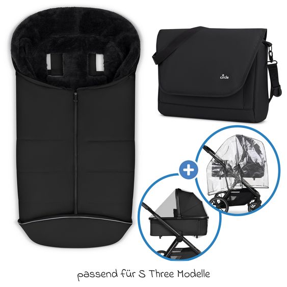 circle by ABC Design 8-tlg. Kinderwagen-Set S Three Starter Set inkl. Babywanne, Sportsitz, Babyschale Tulip, Adapter, Wickeltasche Easy, Winterfußsack, Regenschutz & Moskitonetz - Black - Black