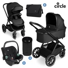 8-tlg. Kinderwagen-Set S Three Starter Set inkl. Babywanne, Sportsitz, BabyschaleTulip, Adapter, Wickeltasche Easy, Winterfußsack, Regenschutz & Moskitonetz - Black