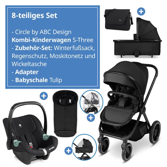 circle by ABC Design Set passeggino 8 pz. S Three Starter Set incl. Navicella, Seggiolino sportivo, Seggiolino auto per neonati Tulip, Adattatore, Borsa fasciatoio Easy, Sacco invernale, Copertura antipioggia & Zanzariera - Nero