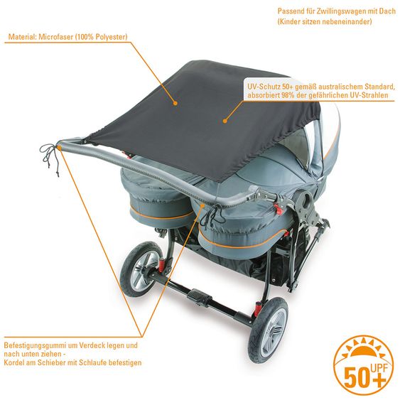 Diago Sonnensegel für Zwillingswagen 50+ - Grau