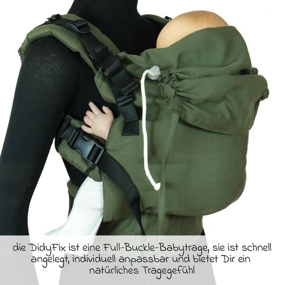 Didymos Babytrage DidyFix Fullbuckle ab Geburt - 3,5 kg - 20 kg - Anhock-Spreiz-Haltung, Bauch-, Rücken- und Hüfttrageweise, 100 % kbA-Baumwolle - Olive