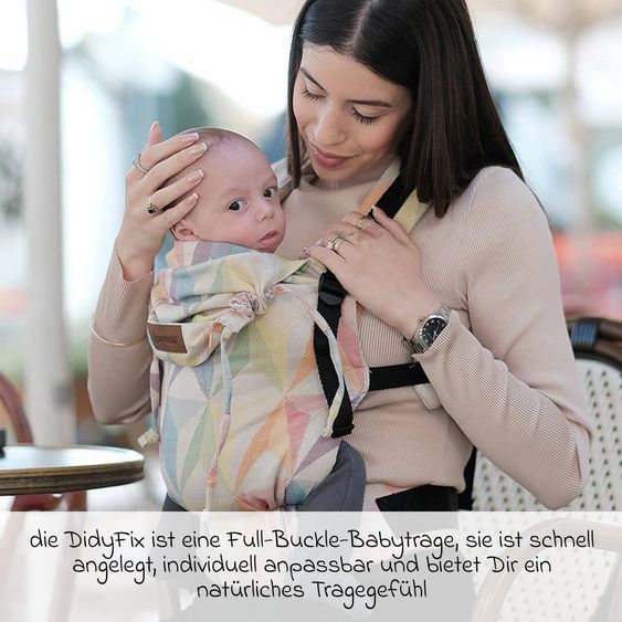 Didymos Babytrage DidyFix Fullbuckle ab Geburt - 3,5 kg - 20 kg - Anhock-Spreiz-Haltung, Bauch-, Rücken- und Hüfttrageweise, 100 % kbA-Baumwolle - Pastell gemustert - Zephyr