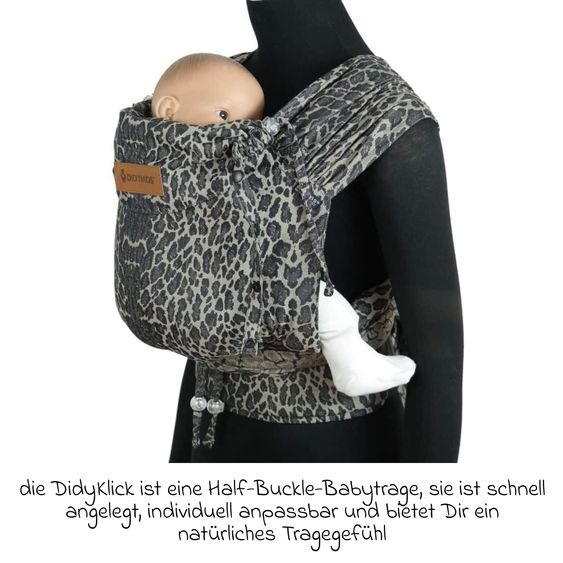 Didymos Babytrage DidyKlick 4u Halfbuckle ab Geburt - 3,5 kg - 20 kg - Anhock-Spreiz-Haltung, Bauch-, Rücken- und Hüfttrageweise, 100 % kbA-Baumwolle - Animal Print - Leo