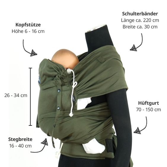 Didymos Babytrage DidyKlick 4u Halfbuckle ab Geburt - 3,5 kg - 20 kg - Anhock-Spreiz-Haltung, Bauch-, Rücken- und Hüfttrageweise, 100 % kbA-Baumwolle - Olive