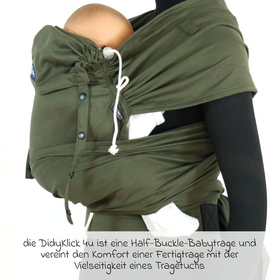 Didymos Babytrage DidyKlick 4u Halfbuckle ab Geburt - 3,5 kg - 20 kg - Anhock-Spreiz-Haltung, Bauch-, Rücken- und Hüfttrageweise, 100 % kbA-Baumwolle - Olive