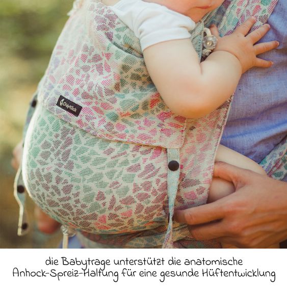 Didymos Babytrage DidyKlick 4u Halfbuckle ab Geburt - 3,5 kg - 20 kg - Anhock-Spreiz-Haltung, Bauch-, Rücken- und Hüfttrageweise, 100 % kbA-Baumwolle - Pastell gemustert - Sommermosaik