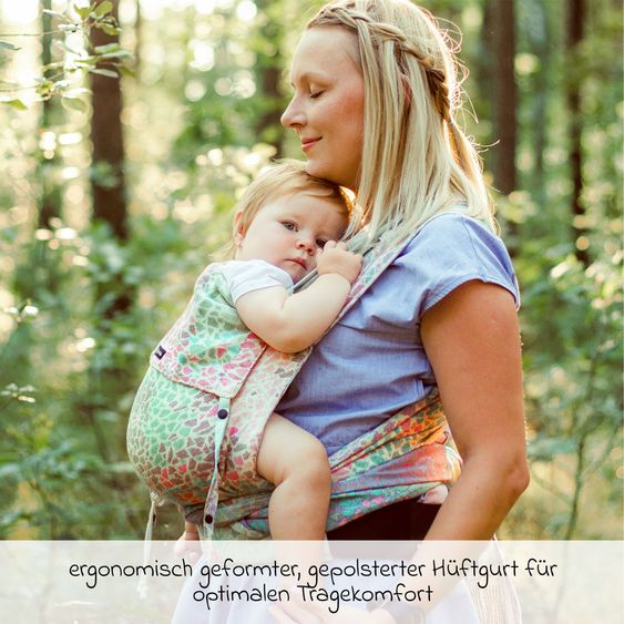 Didymos Babytrage DidyKlick 4u Halfbuckle ab Geburt - 3,5 kg - 20 kg - Anhock-Spreiz-Haltung, Bauch-, Rücken- und Hüfttrageweise, 100 % kbA-Baumwolle - Pastell gemustert - Sommermosaik