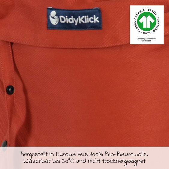 Didymos Babytrage DidyKlick 4u Halfbuckle ab Geburt - 3,5 kg - 20 kg - Anhock-Spreiz-Haltung, Bauch-, Rücken- und Hüfttrageweise, 100 % kbA-Baumwolle - Rusty Red