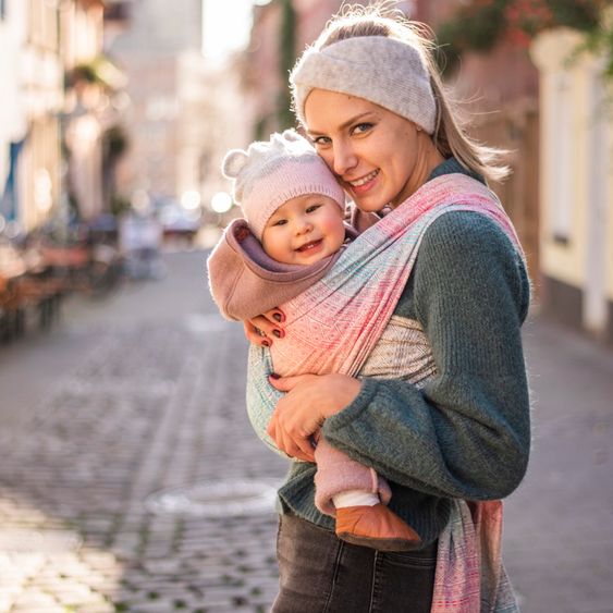 Didymos Fascia porta bebè dalla nascita - 3,5 kg - 20 kg - posizione di apertura del pancione, trasporto su pancia, schiena e fianchi, 100 % cotone biologico 68 x 520 cm - Prima - Pastello