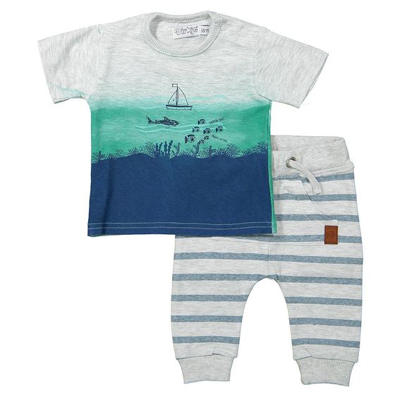 Dirkje 2 tlg. Set T-Shirt + Hose Ozean - Streifen Hellgrau Melange Blau - Gr. 56