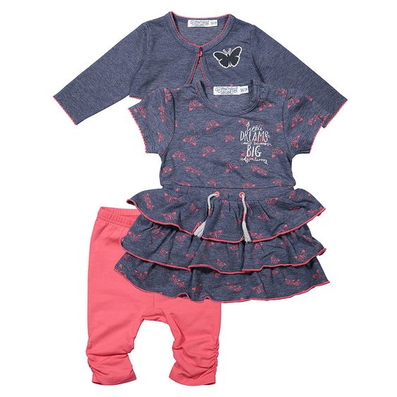 Dirkje 3-tlg. Set Kleid + Leggings + Bolero - Schmetterling Dunkelblau Pink - Gr. 56