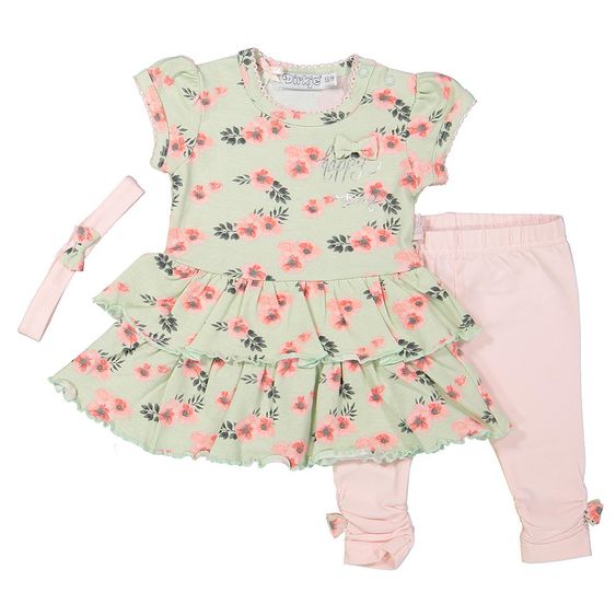 Dirkje 3 tlg. Set Kleid + Leggings + Stirnband Love - Blumen Mint Rosa - Gr. 56