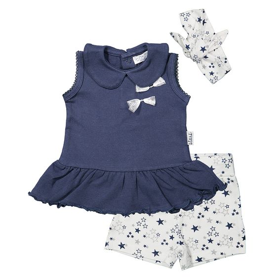 Dirkje 3-tlg. Set Kleid + Shorts + Stirnband - Sterne Weiß Blau - Gr. 62